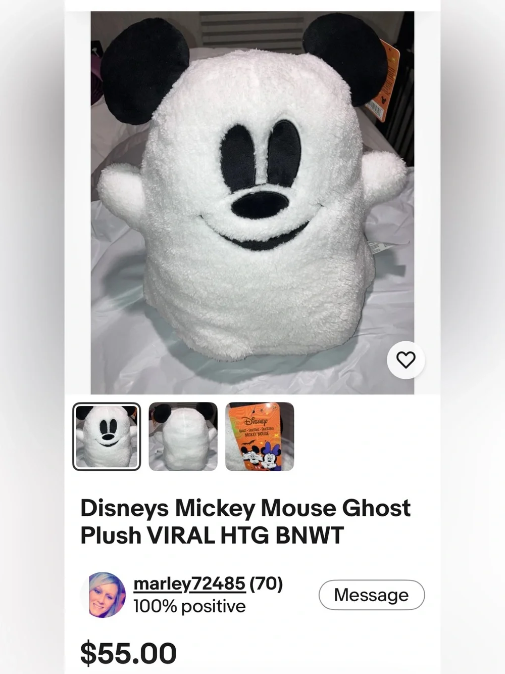 Disney Halloween Mickey Mouse Ghost Plush Pillow 15” NWT